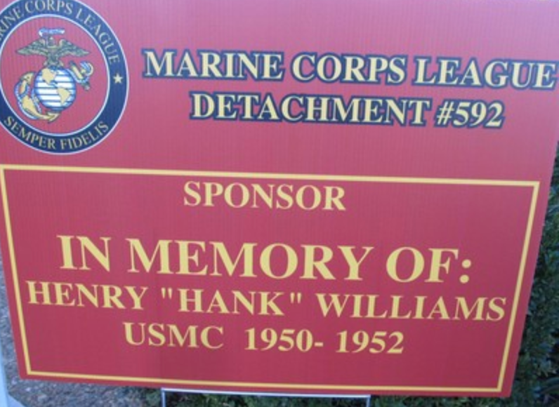 Memorial sign for Henry "Hank" Williams, USMC 1950-1952