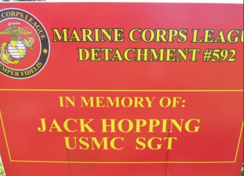 Memorial sign for Jack Hopping, USMC SGT