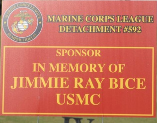 Sponsor sign in memory of Jimmie Ray Bice USMC