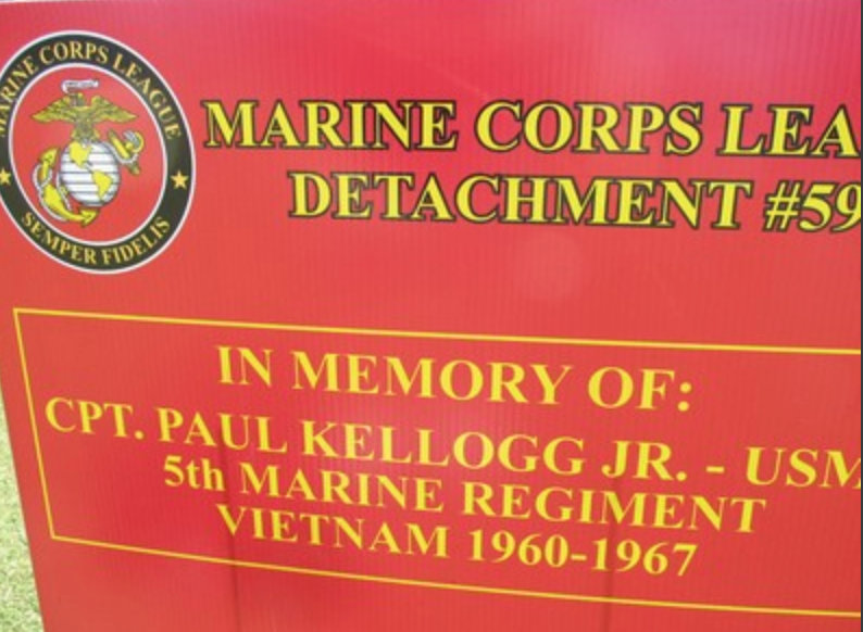 Memorial sign for CPT Paul Kellogg Jr., 5th Marine Regiment, Vietnam 1960-1967