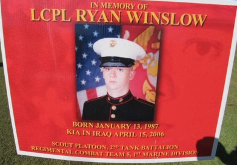 Memorial sign for LCPL Ryan Winslow, KIA in Iraq April 15, 2006