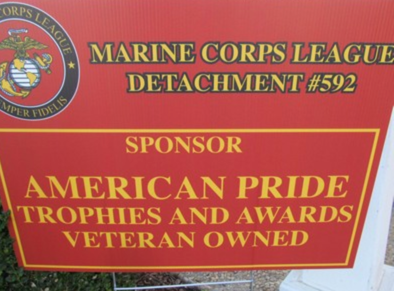 Sponsor sign for American Pride Trophies and Awards, Veteran Owned