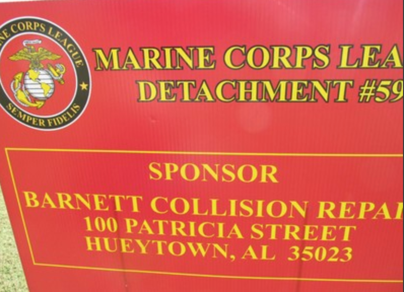 Sponsor sign for Barnett Collision Repair, Hueytown AL
