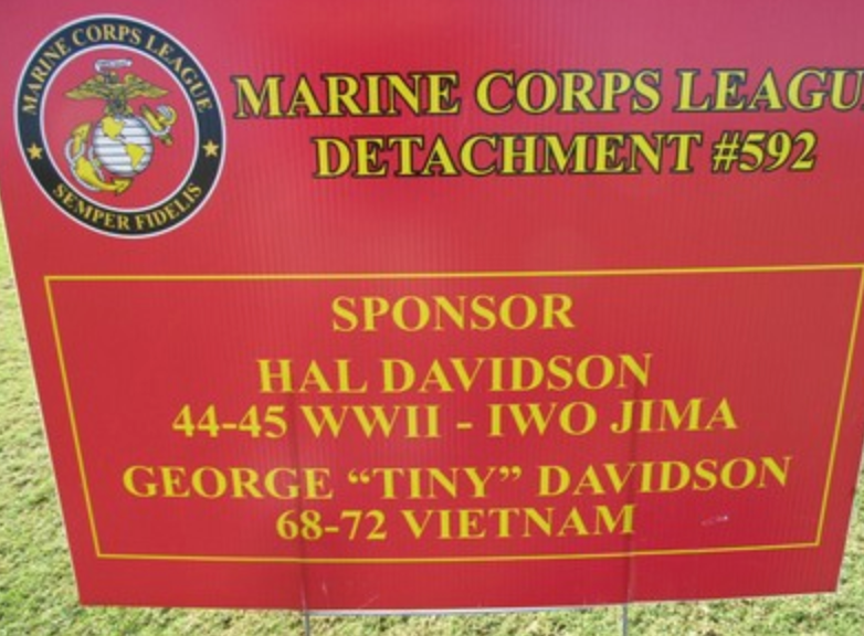 Sponsor sign for Hal Davidson WWII Iwo Jima and George Tiny Davidson Vietnam