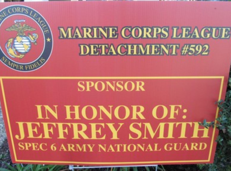 Sponsor sign in honor of Jeffrey Smith, Spec 6 Army National Guard