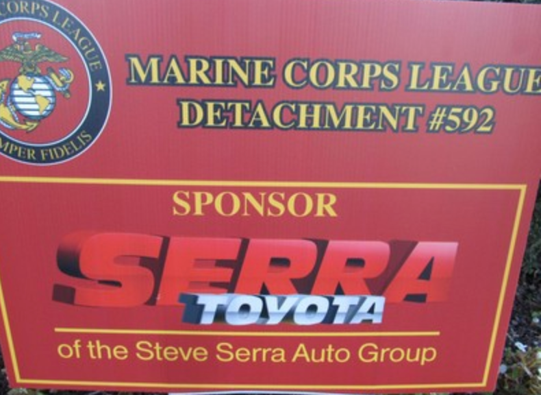 Sponsor sign for Serra Toyota of the Steve Serra Auto Group